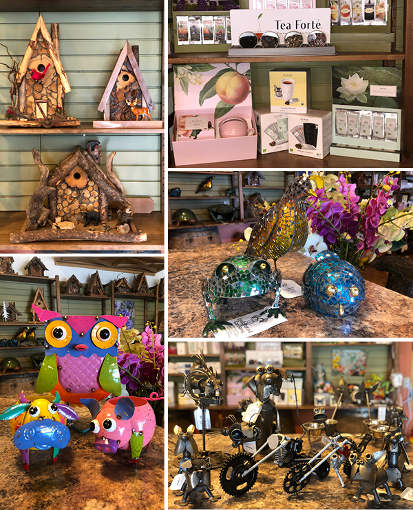 Gift shop collage with handmade birdhouses, tea sets, mosaic animal art, and metal art.