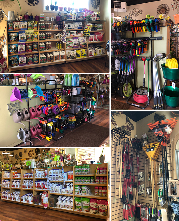 Garden Center Collage with rakes and other tools, sprayers, fertilizers, and pesticides.