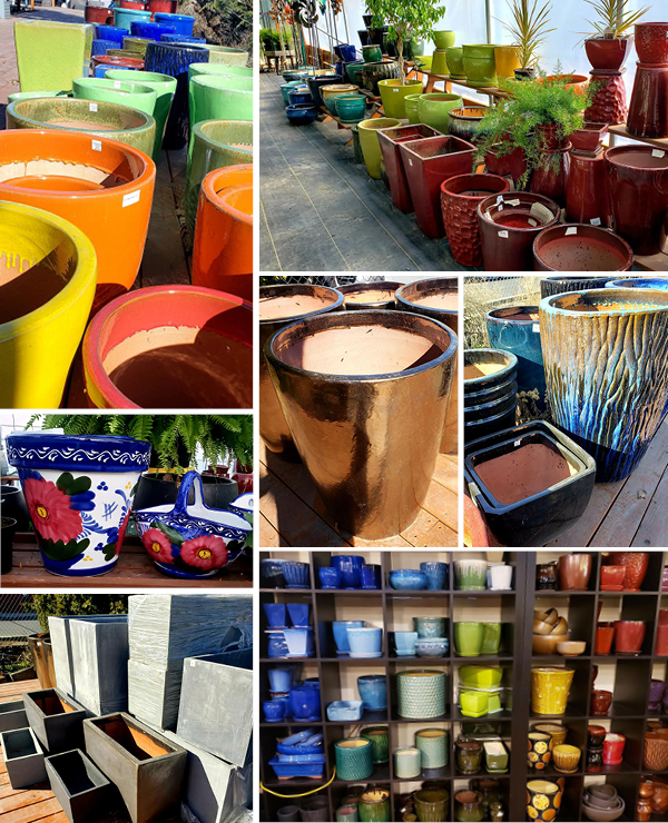 Collage of colorful indoor and outdoor pottery