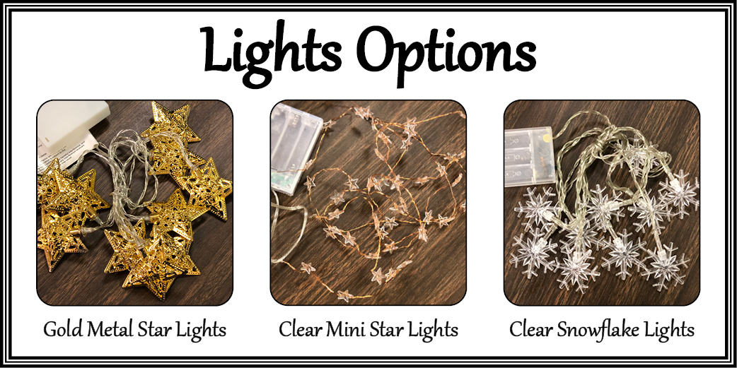 Image of three kinds of string lights for workshop participants to choose between for $10 extra